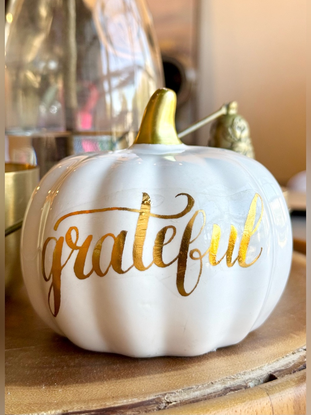 White and Gold 'Grateful' Decorative Pumpkin - Holiday Home Accent